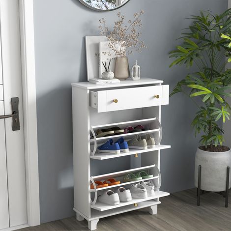 Weißer Schuhschrank, schmales Schuhregal mit 2 Flügeltüren und 1 Schublade für 8 Paar Schuhe, 60 x 23,5 x 98,5 cm