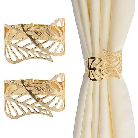 Fermacravatte per tende, 2 pezzi, creativi anelli in metallo con foglie cave decorative, clip per tende, accessorio per finestre per casa e ufficio (oro) (1/4)