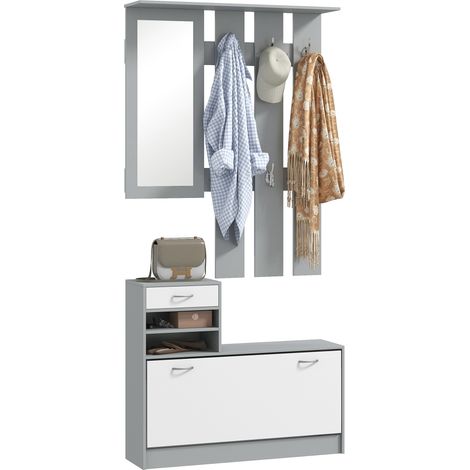 Mobile Appendiabiti 3 in 1 con Scarpiera e Specchio, Ganci e Cassetti, in Legno, 90x10x91 cm, Bianco e Grigio