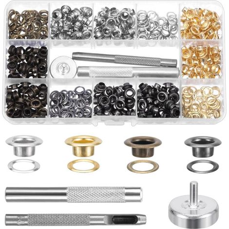 400PCS oeillet couture - Quatre couleurs, œillets en cuivre de 5 mm, incluant l'outil de perforation, l'outil d'installation, le socle, Adapté pour les chaussures, les sacs en cuir, etc (1/5)