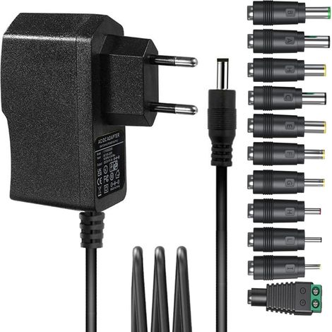 Bloc d'alimentation 12 V 1 A - Adaptateur CA 12 V avec 11 prises CC - Chargeur mural régulé CC 12 V 1 A 800 mA 500 mA 400 mA 200 mA 100 mA - Câble d'alimentation pour appareils photo, haut-parleurs (1/5)