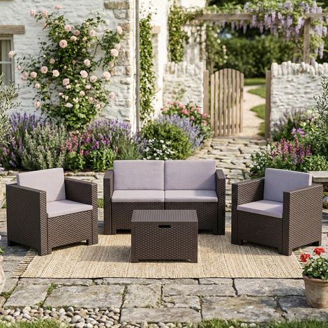 Dmora - Loungeset für draußen Kuiper, Outdoor-Lounge mit Couchtisch, Terrassenset mit Kissen, Gartenkomposition mit Sofa und Sesseln, Made in Italy, Braun (1/5)