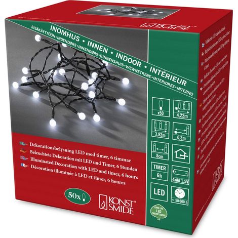 Konstsmide 1492 – 207 LED Globe catena luminosa con diodi rotondi/per interni (IP20)/certificato VDE/funzionamento a batteria: 4 x AA 1,5 V (non incluse) /6H Timer/50 diodi a luce bianca fredda, cavo (1/3)