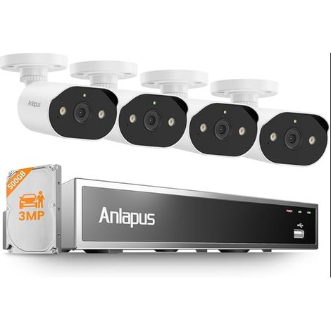 Kit de caméras de surveillance PoE 3 MP d'extérieur avec disque dur de 500 Go système vidéo NVR 8 CH 5 MP 4 caméras d'extérieur 1296P détection de personnes et de véhicules vision nocturne (1/5)