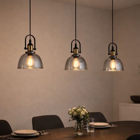 Pendelleuchte Pendellampe Hängeleuchte Esszimmer 3 flammig, Metall Rauchglas messing, 3x E27 Fassungen, LxBxH 83,5x20x120cm