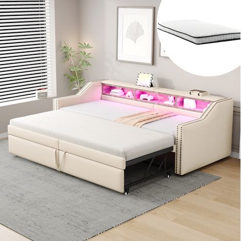 Sofá cama (214x102x74 cm), extensible, con almacenaje lateral, USB, estructura de listones, lino beige (1/5)