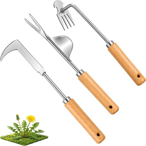 Arrache Mauvaise Herbe, Lot de 3 Desherbeur Manuel avec Manche en Bois, Désherbeur de Jardin en Acier Inoxydable, Rangement Facile, pour le Jardin (1/4)