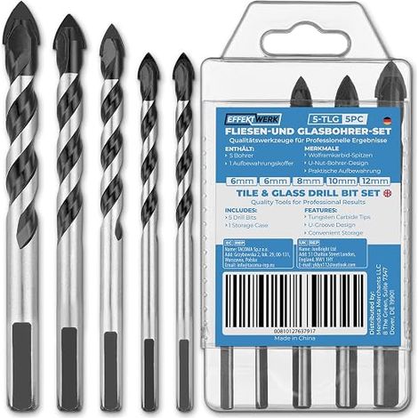 Set di 5 punte per trapano per piastrelle - 6/6/8/10/12 mm - Punta in carburo di tungsteno con scanalatura a U per ceramica, cemento, vetro, porcellana e muratura (1/5)