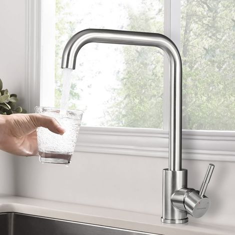 Mitigeur cuisine inox SUS304, haute pression, pivotant 360°, finition nickel brossé, robinet monocommande évier (1/5)