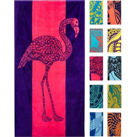 Serviette de plage flamant rose et violet avec un joli motif, extra large (XL, 86 x 160 cm), absorbante et portable, légère, 100 % coton (1/5)