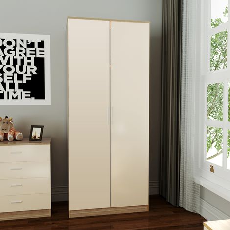 ELEGANT 2 Doors Wardrobe with Soft Close Hinge, High Gloss Bedroom Furniture Sets with Hanging Rod and Storage Shelves, Cream/oak (1/5)