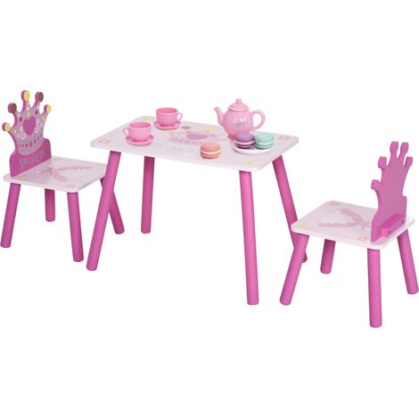 3-teiliges Kindertisch- und 2-Stuhl-Set, Beine aus Massivholz, Kindertisch mit Stuhl mit Kronenmotiv, für Mädchen und Jungen im Alter von 2 bis 4 Jahren, rosa