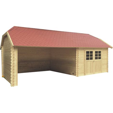Abri de jardin bois 28 mm S85091 – Autoclave – 23,22 m² – Dimensions 2980 x 3644 mm – Toit cottage avec shingles rouges – Solid (1/2)