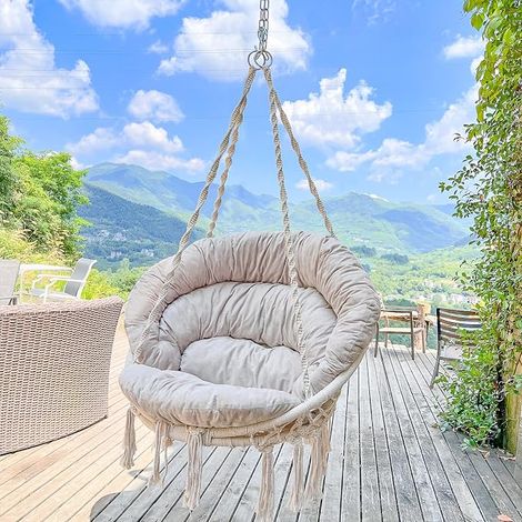 Hanging Chair, 150kg Capacity, Cotton Chair with Cushion, Macrame Swivel Chair, Handmade with Hanging Hardware Kits, Bohemia, Garden, Indoor, Outdoor, Beige (1/5)