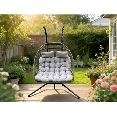 Fimous Indoor Outdoor Patio Rattan Double Egg Hanging Chair Garden With Grey Thick Cushion