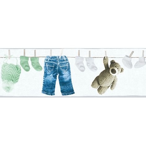 Frise murale enfant motif vert & bleu | Frise papier peint blanc motif vêtement enfant & ours | Frise tapisserie chambre de bébé avec ours en peluche - 5,00 x 0,17 m (1/3)