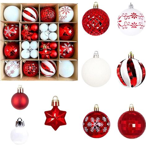 Lot de 44 boules de Noël en plastique, décorations d'arbre de fête, ornements rouges et blancs pour sapin, set de 44 pièces (1/5)