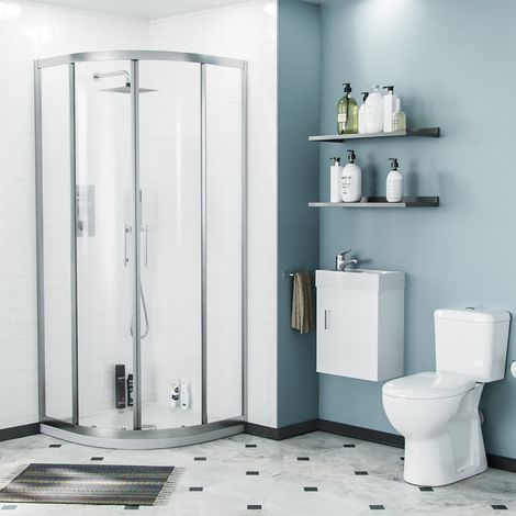 Lindley 3-Piece White Shower Enclosure Suite - 800mm Quadrant Shower Enclosure with Tray, Close Coupled WC Toilet with Seat and Wall Hung Vanity Basin Unit (1/5)