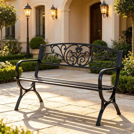 Banc de jardin métallique 2 personnes dossier décoratif fonte noire, banquette extérieure avec accoudoirs charge 240 kg pour terrasse véranda (1/5)