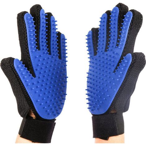 Tierpflegehandschuhe - Weiche Bürsten für Hunde, Katzen und Pferde mit langem und kurzem Fell - 1 Paar (blau) (1/4)
