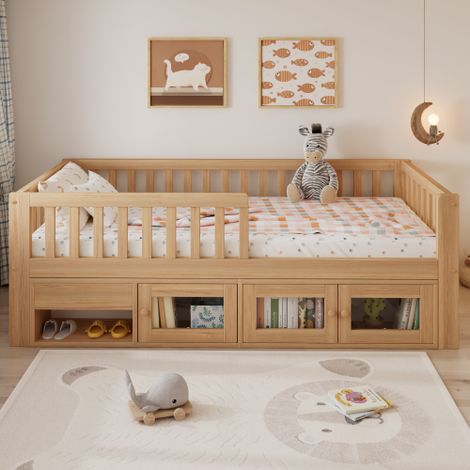 Lit enfant en bois massif avec rangements, balustrade de sécurité sur tout le pourtour, avec tiroir et armoire à deux portes, sommier à lattes robuste, finition naturelle, 90 x 200 cm