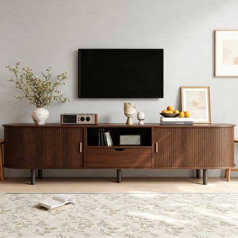 Mueble TV 180 cm, puertas de persiana, bordes redondeados, cajón, diseño vintage rústico, Nogal (1/5)