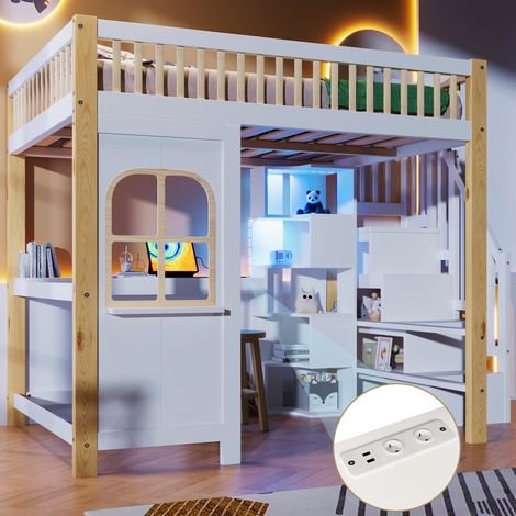 Hochbett 140x200 cm Weiß/Natur aus Kiefernholz und MDF mit Schreibtisch, Stauraum, Leiter und LED-Beleuchtung (1/5)