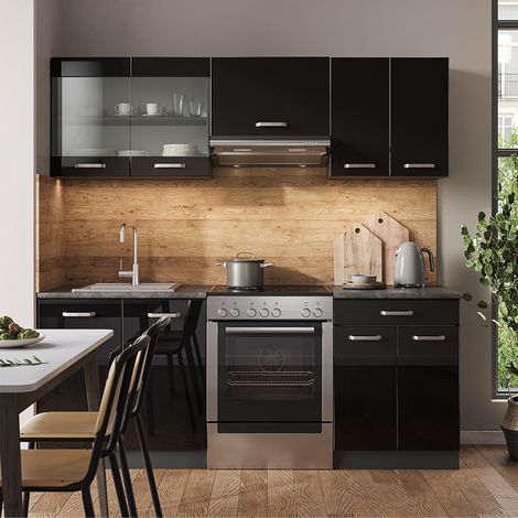 Cucina componibile R-Line, Nero lucido/antracite, 200 cm senza piano di lavoro, Vicco