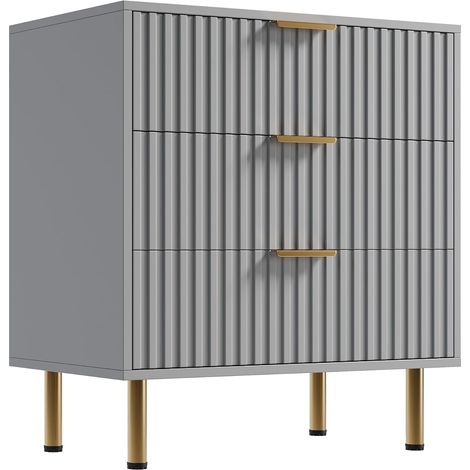 Commode Bois Naturel 3 Tiroirs Cannelée, Meuble de Rangement Moderne avec Pieds Dorés, Gris (1/5)