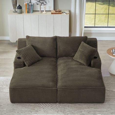 Canapé double chaise longue en tissu côtelé marron avec porte-gobelets, pour salon – MEUBLIV (1/5)