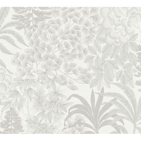 Papier peint nature gris, argent Tapisserie feuillage et florale style exotique Papier peint tendance résistant idéal pour chambre (1/5)