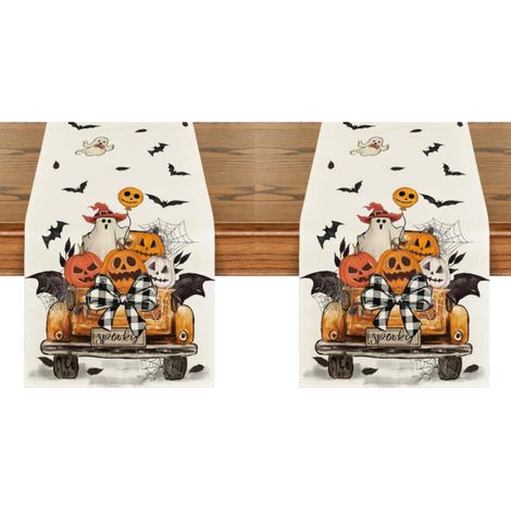 Camino de mesa de Halloween con calabazas Jack-O'-Lantern, fantasma y camión naranja terrorífico, decoración de 33 x 183 cm (2 piezas). (1/5)