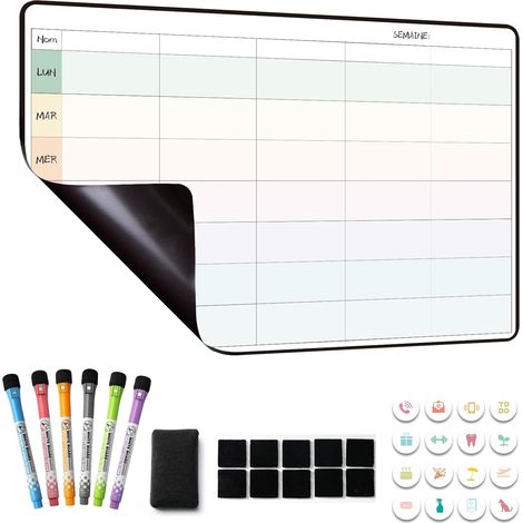 Planning Semaine, Calendrier magnetique Frigo,Tableau Organisateur Familial,Planificateur des Menus/Repas Hebdomadaire 42×28cm effacable en Français (1/5)