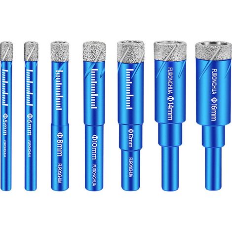 7-piece diamond drill bit set, tile drill bit, glass drill bit [5, 6, 8, 10, 12, 14, 16 mm] with 6 mm carbide drill bit, diamond drill bit for hard tiles, ceramic, porcelain stoneware, marble and gran (1/4)