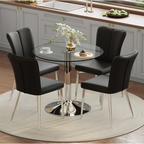 Table de salle à manger ronde en verre trempé 85 cm avec 4 chaises PU noires, noir et argent (1/5)