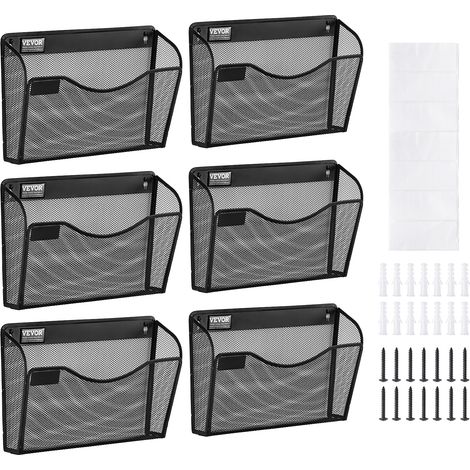 VEVOR Support mural de fichiers, 6 PCs, 1 poche, porte-documents en maille pour magazines, courrier, papier, organisateur mural en metal avec etiquette nominative, pour bureau, maison et ecole, noir