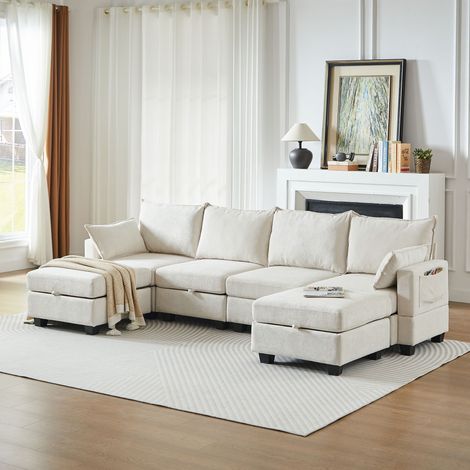 Canapé d’angle modulable convertible 6 places en chenille configuration en U ou en L rangements sous chaque assise méridienne pouf coffre mobile beige (1/5)