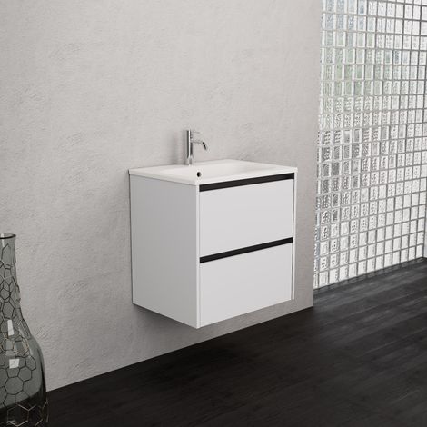Inda - Badezimmerschrank 2 Schubladen B.60 mit mattiertem Waschbecken / Mattweiß - Smeraldo (1/5)