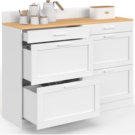 Idmarket – Buffet bas de cuisine 120 cm – Casserolier avec 1 porte et 3 tiroirs – Plan de travail H.83 cm – Blanc et bois hêtre