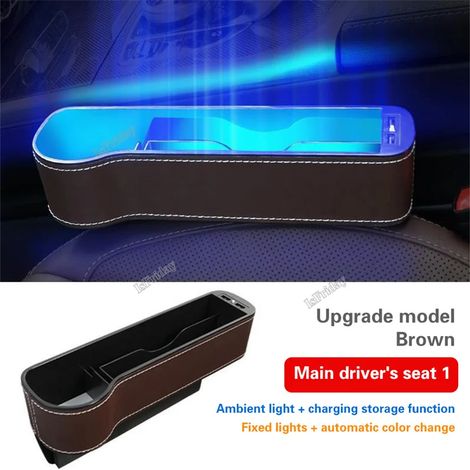 (Côté conducteur principal marron) Organisateur de siège auto lumineux LED multicolore, boîte de rangement en cuir PU pour boisson, téléphone et portefeuille, accessoire auto (1/5)