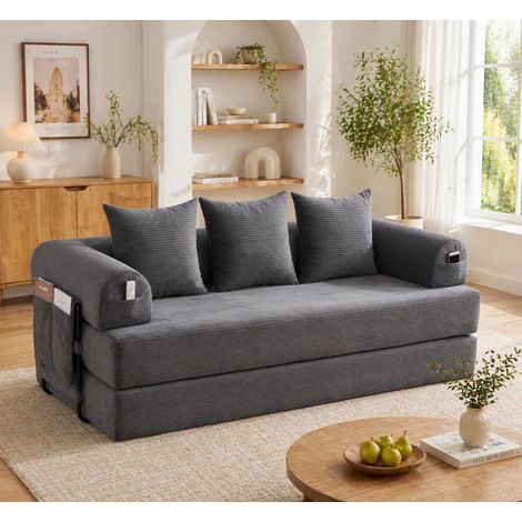 Canapé-lit pliable avec structure métallique robuste, poches latérales et 3 coussins. Créez votre propre agencement lounge personnalisé. Alliance moderne de métal et de tissu – idéal pour le salon. Gr
