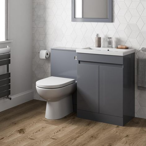 Bathroom Vanity Unit Basin Sink Toilet WC 600mm Furniture Storage Modern Grey (1/5)