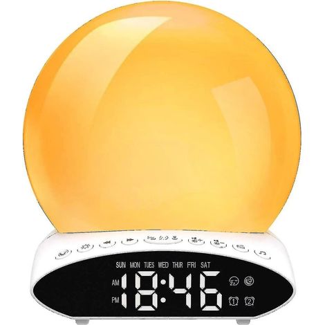 Lampe de réveil, Réveil numérique avec affichage LED, projection de l'heure, radio FM, luminosité réglable, fonction d'aide au sommeil, synchronisation au coucher du soleil (1/5)