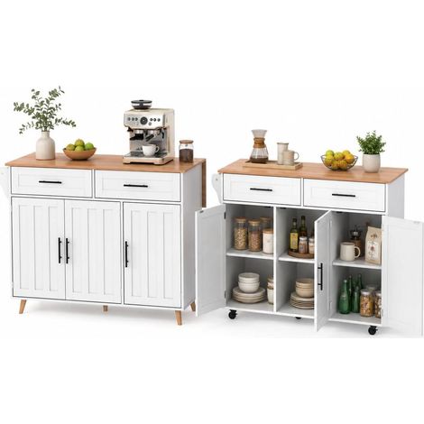 FurnitureR White Kitchen Trolley 129x46x91.5cm with 2 Drawers 3 Doors (1/5)