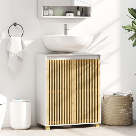 Meuble sous lavabo salle de bain - placard à portes à lattes en bambou. 60 x 30 x 75 cm. effet bois naturel