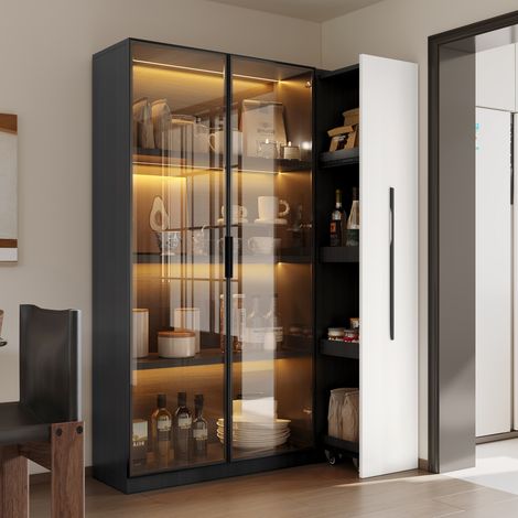Vetrina contenitore con anta in vetro e LED, 110,5 x 35 x 160 cm, bianco e nero HAVRYA (1/5)