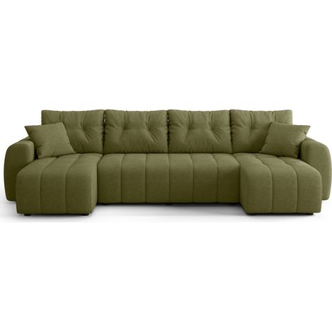 Canapé panoramique convertible 6 places en tissu chenille vert olive - Alba (1/5)