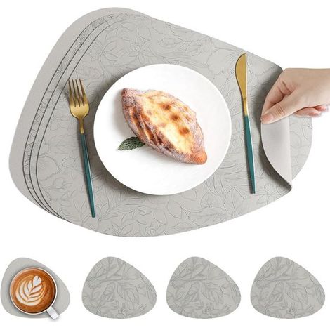 Ensemble de 4 sets de table gris en cuir PU avec un motif floral en relief de goutte d'eau, imperméables et résistants à la chaleur, pour la table à manger (1/5)