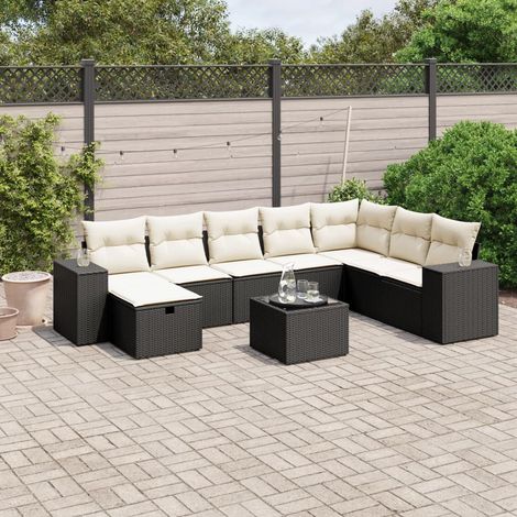 Salon de Jardin 9 Places Noir Résine Tressée avec Table Verre Trempé et Coussins Crème - Ensemble Modulaire Jardin (1/4)