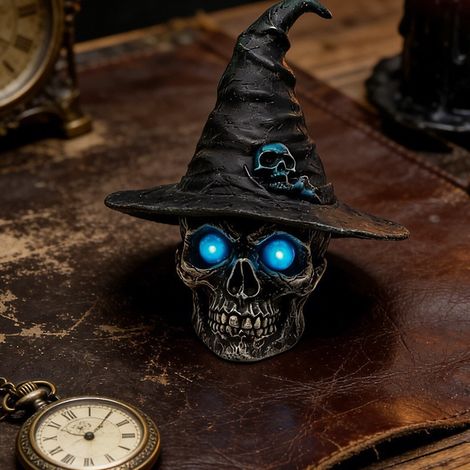 Halloween Lampe Totenkopf und Hexenhut aus Harz Gothic Tischdeko Stimmungslicht (1/5)